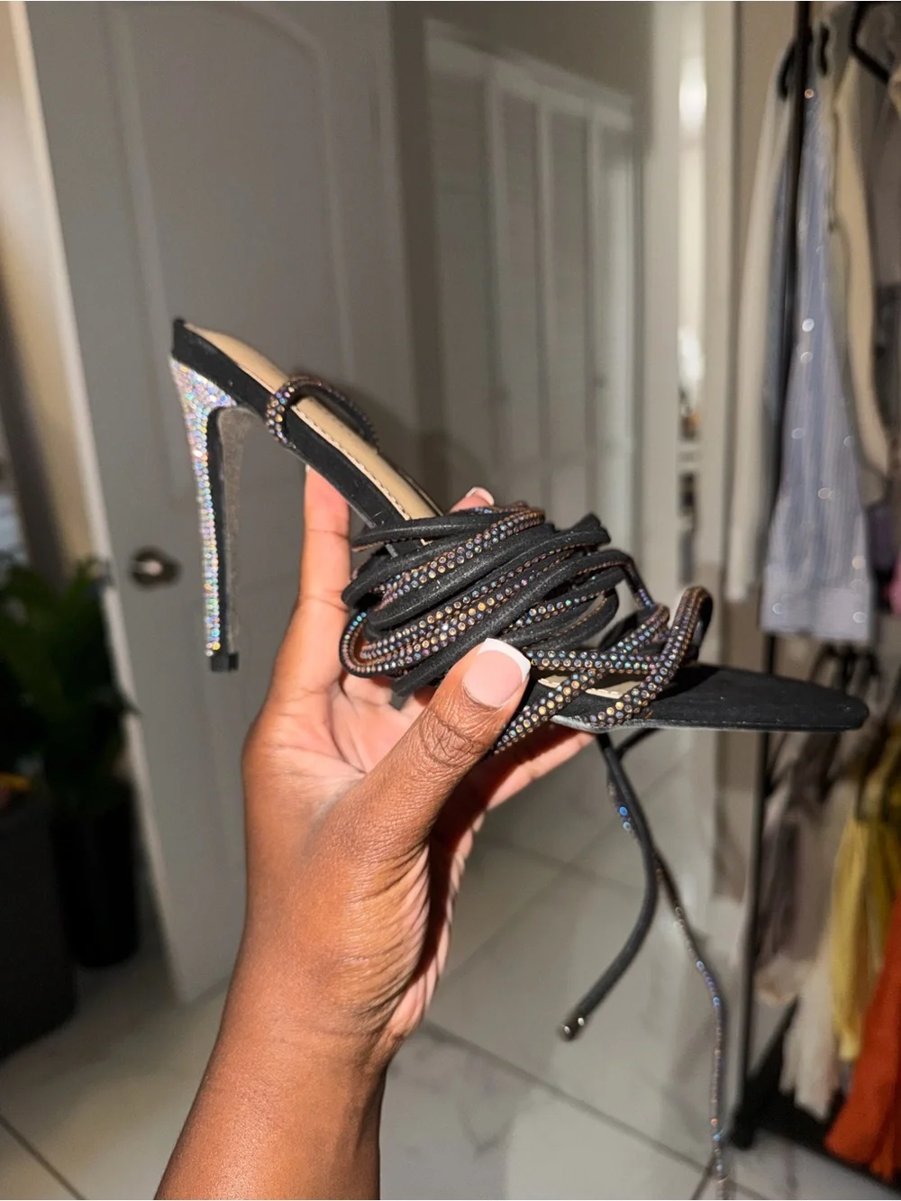 Fashion Nova Black Crystal Wrap-Heel Sandal